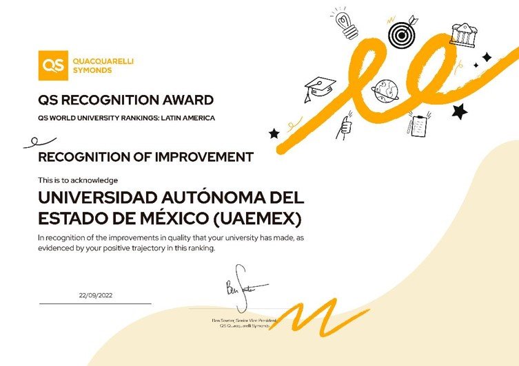Reconocen a #UAEMéx por mejorar su posición en Ranking QS de Latinoamérica 