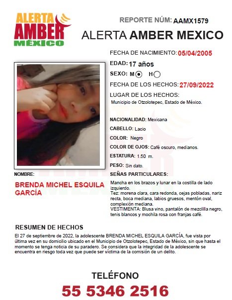 Activan Alerta Amber por Brenda Michel, adolescente desaparecida en Otzolotepec