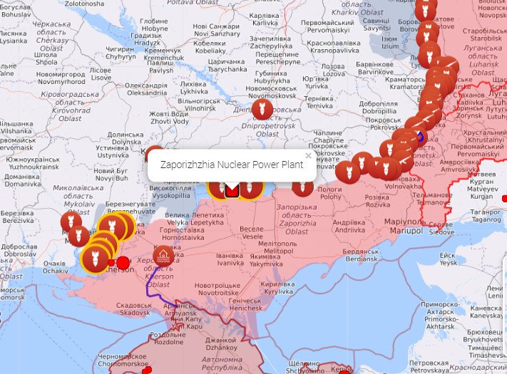 Situación al 19 de octubre 2022 en Zaporiyia. En rojo territorio controlado por Rusa. En blanco zona bajo control de Ucrania. Fuente: liveuamap.com