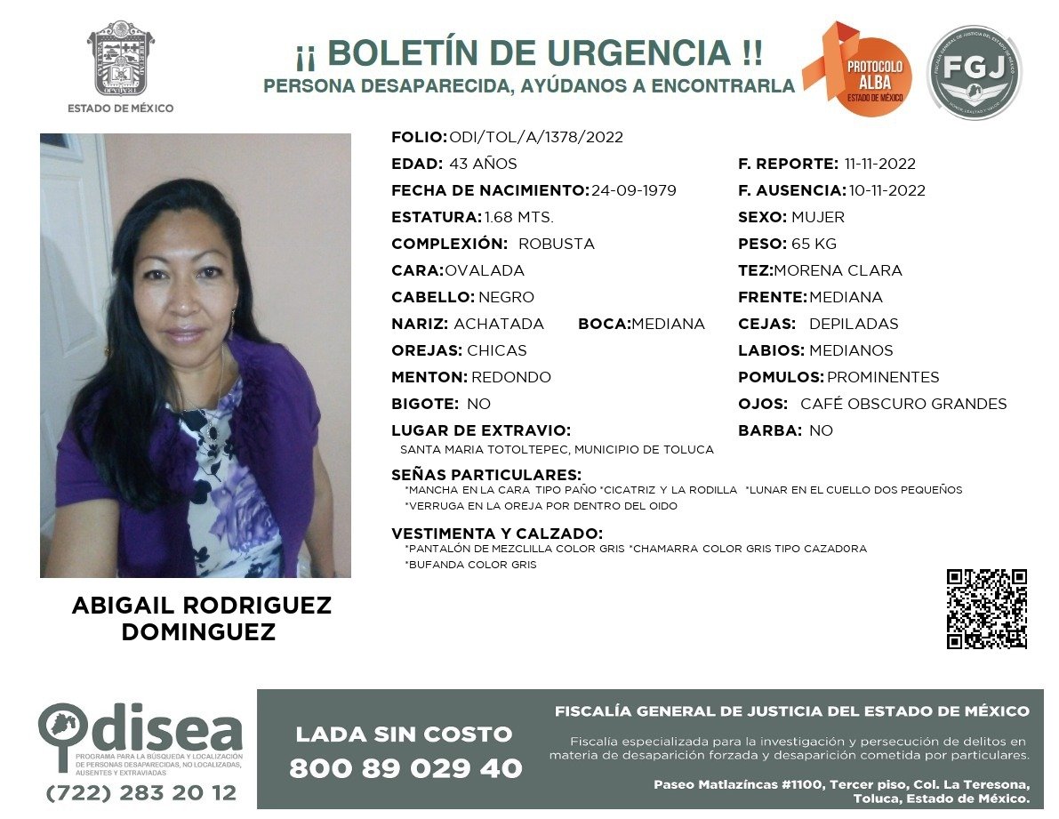 Emiten ficha de búsqueda para localizar a Abigaíl Rodríguez, desapareció en Toluca