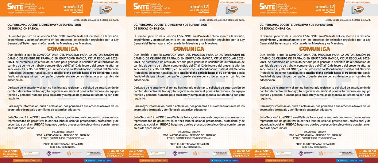 Informa Sección 17 del #SNTE ampliación del periodo para solicitar cambio de Centro de Trabajo en Educación Básica