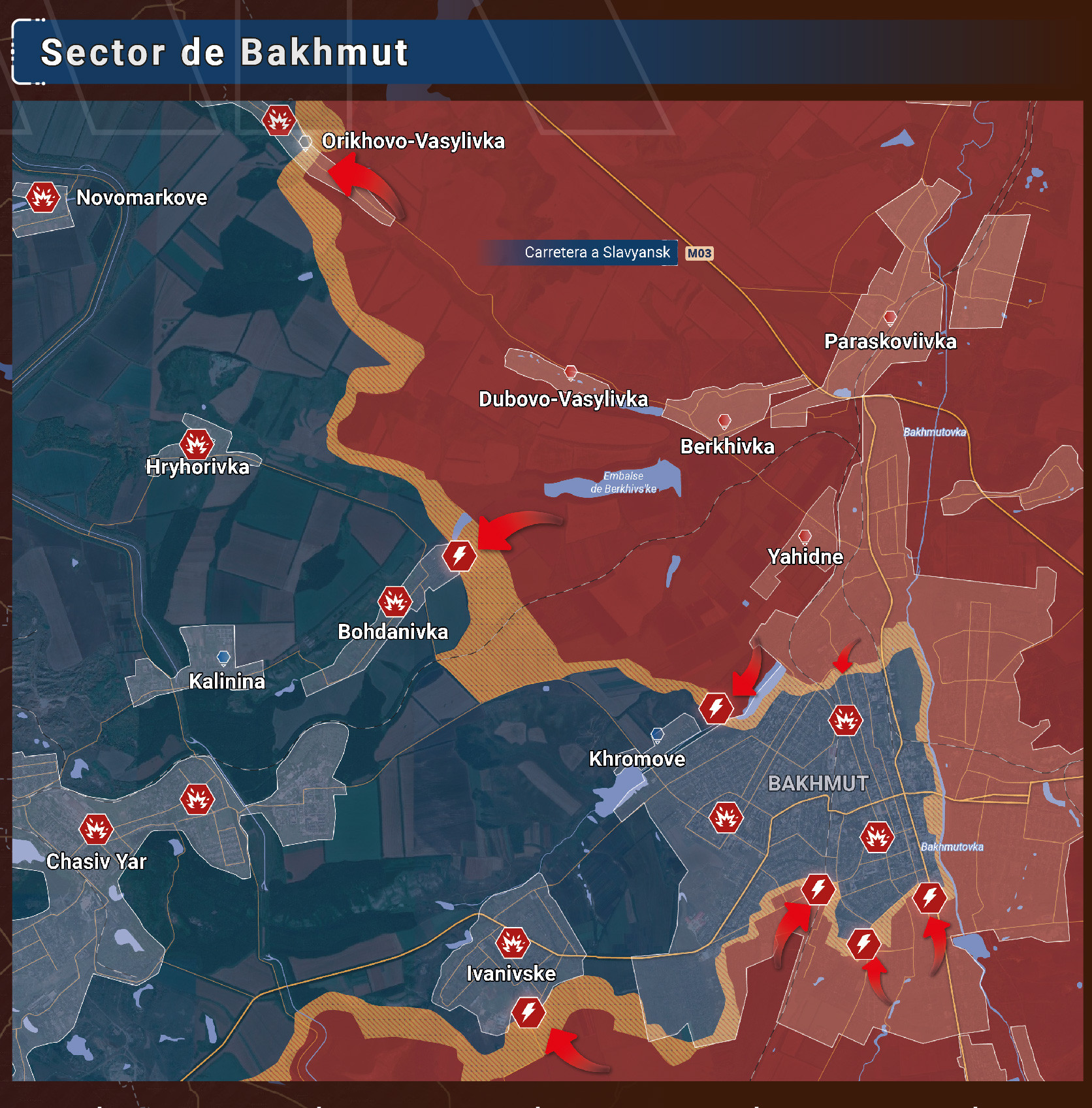 Situación en Bajmut. Mapa Rybar 23 de marzo 2023. En rojo zonas de control ruso, en azul regiones de dominio ucraniano, en amarillo áreas en disputa.