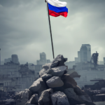 craiyon_182749_russian_flag_on_top_of_pile_of_rocks_apocalyptic_city