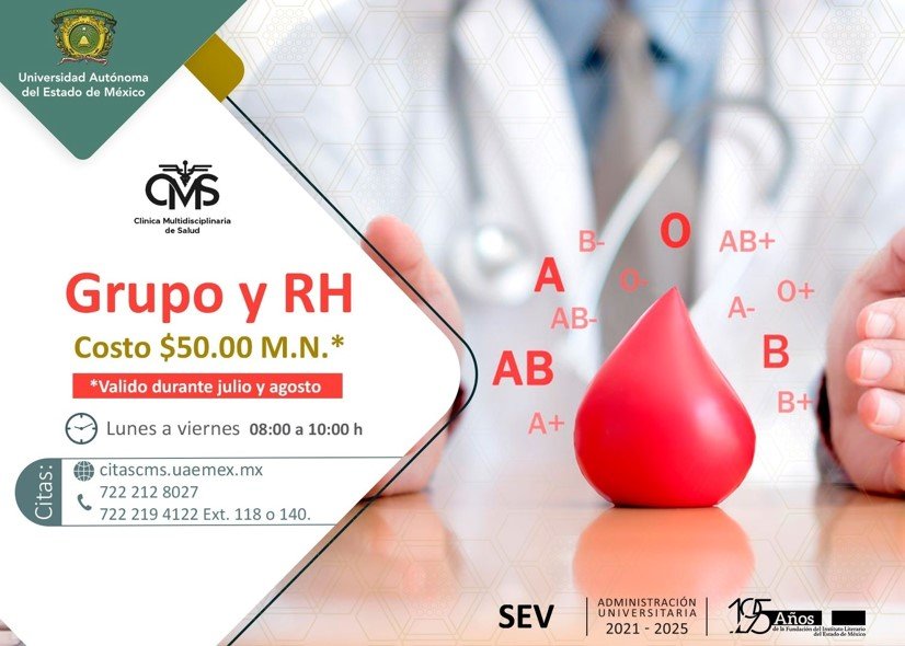 Estudio de grupo sanguíneo y RH a 50 pesos en  CMS de la #UAEMéx