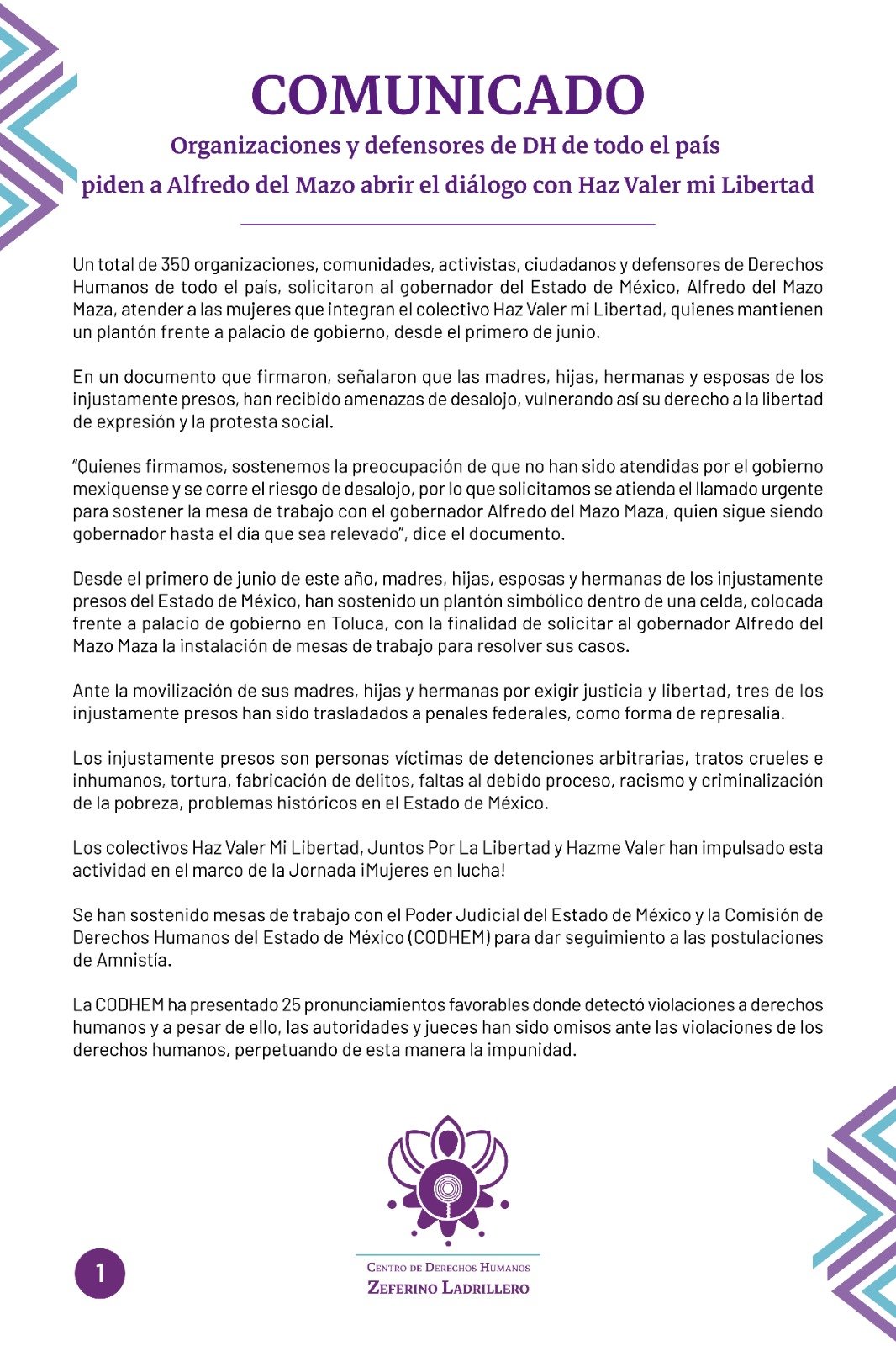 Más de 300 ONG’s activistas de DDHH piden al gobierno del Edomex abrir diálogo con Haz Valer mi Libertad