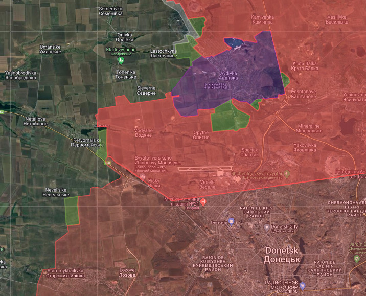 Situación en la región de Donetsk-Avdiivka al 16 de febrero 2024. En amarillo los avances rusos confirmados de los últimos días. En morado los avances rusos de las últimas horas por confirmarse. Enorme región en Avdiivka ha sido abandonada por los ucranianos. Al sureste (abajo a la derecha de la imagen) la ciudad de Donetsk. Al oeste (a la izquierda de la imagen) las localidades de Pervomais’ke y Nevel’s’ke. Mapa @Kalibrated_Maps