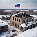 destroyed village on war on winter with a russian flag on top of a building