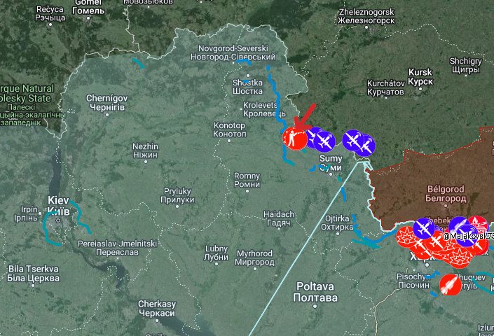 Situación del frente de batalla en la región de Sumy. 16 de junio 2024. Flecha roja indica la región donde de la nueva irrupción rusa. Íconos morados indican ataques recientes con drones ucranianos en la zona. Al oeste Kiev, al este los enfrentamientos en la región de Járkov. Mapa: @Majakovsk73