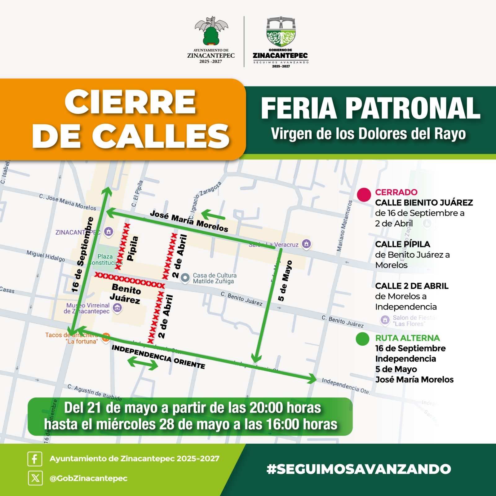 OJO: Cierre de calles esta semana en el centro de Zinacantepec por fiesta patronal