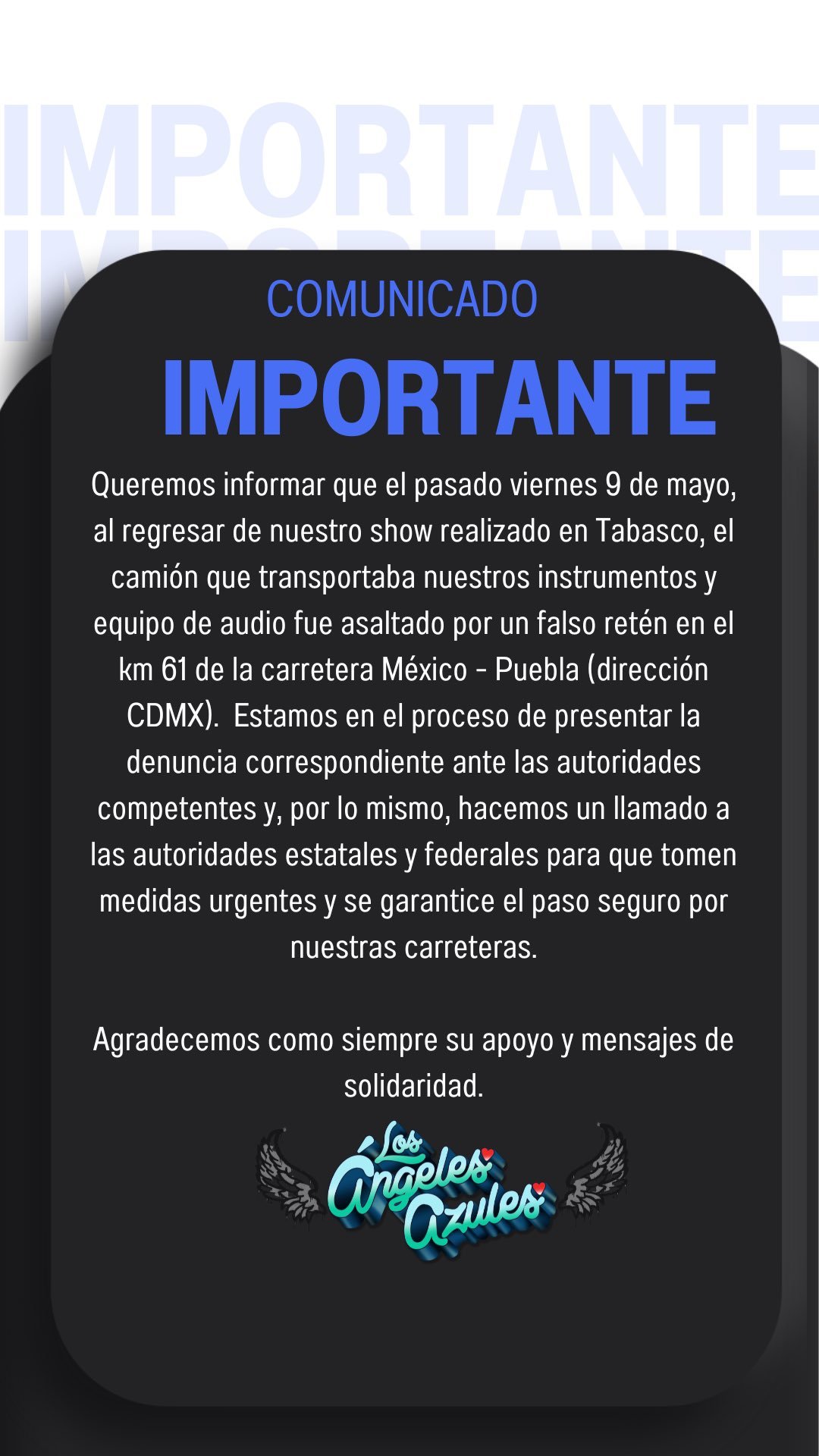 Asaltan a Los Ángeles Azules en falso retén en Ixtapaluca