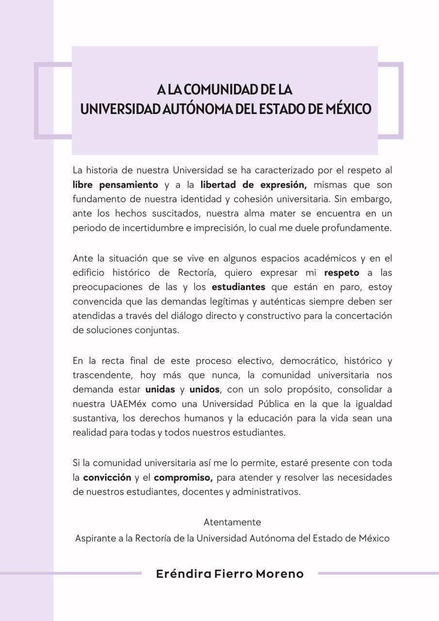 Eréndira Fierro se pronuncia ante la comunidad de la UAEMéx