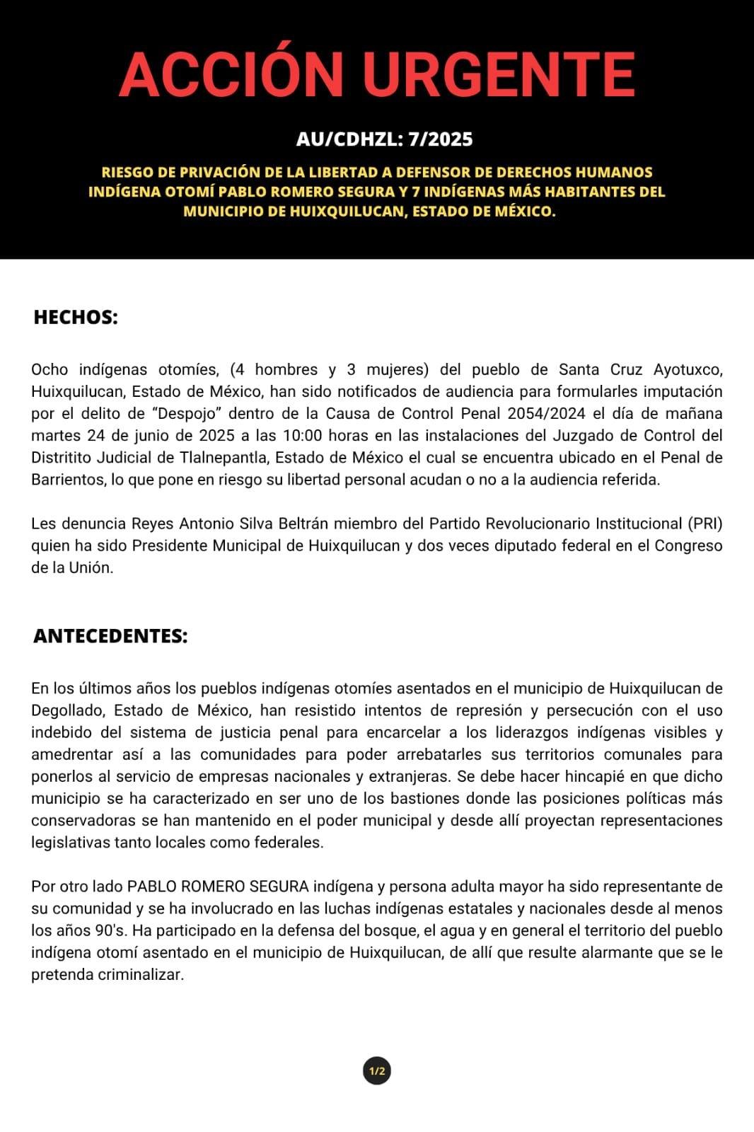 Acción urgente: Riesgo de privación de la libertad para defensor indígena otomí y 7 compañeros en #Huixquilucan