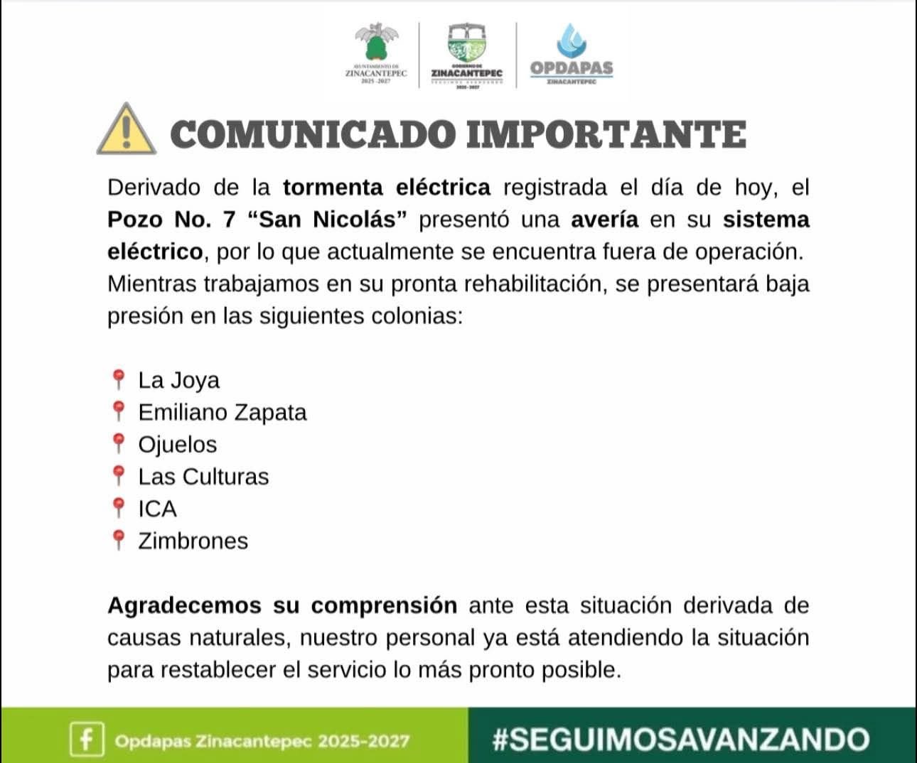 Falla eléctrica afecta de forma provisional suministro de agua en colonias de #Zinacantepec