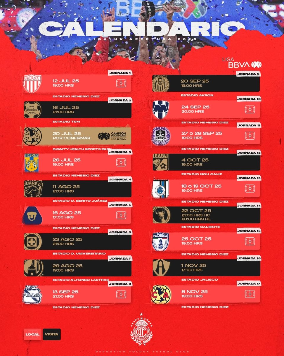 Toluca FC confirma su calendario para el Torneo Apertura 2025
