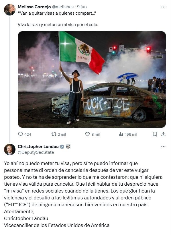 Christopher Landau ordena cancelar visa a consejera de Morena por un tuit