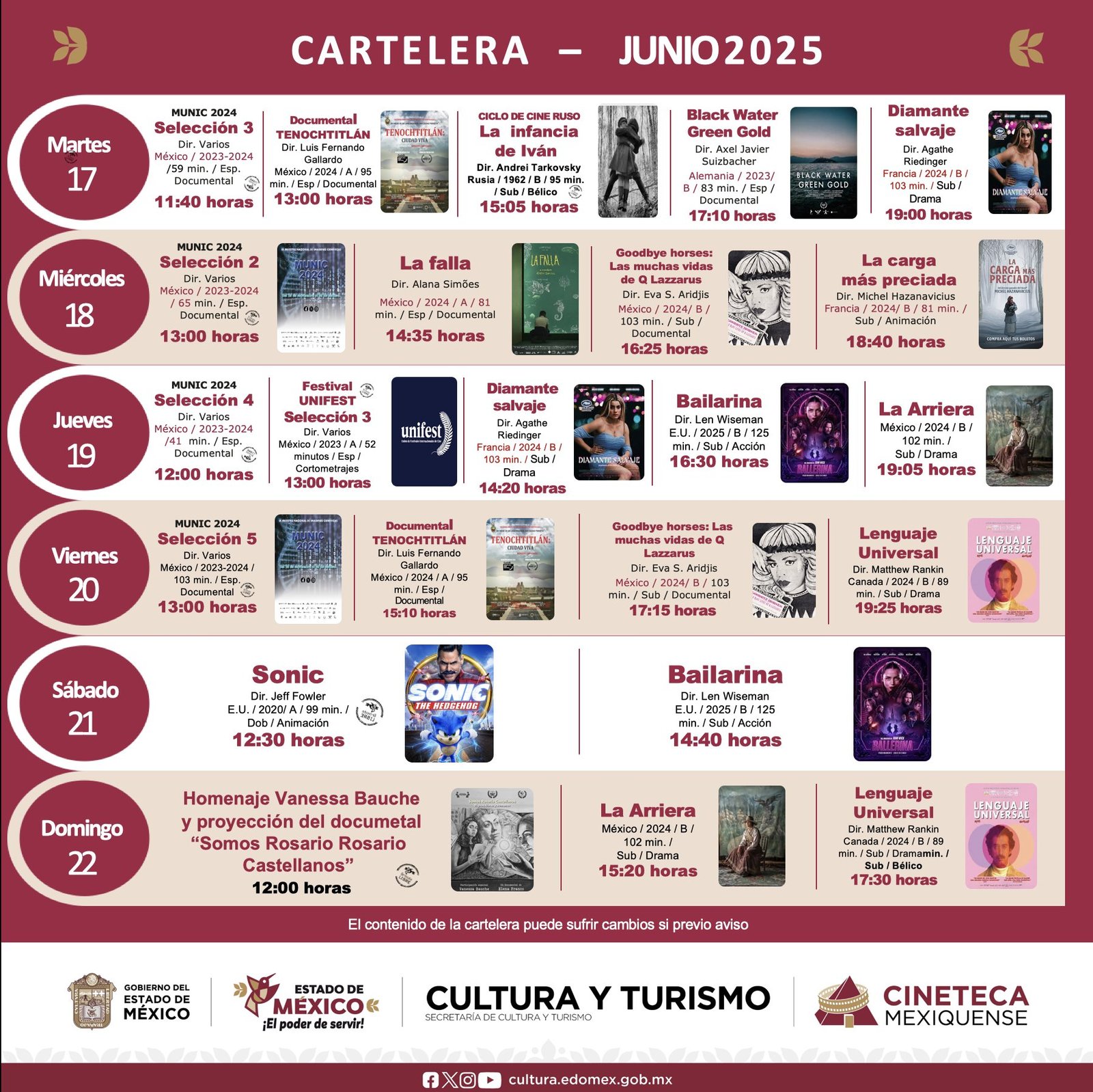 Cartelera de la Cineteca Mexiquense del 17 al 22 de junio