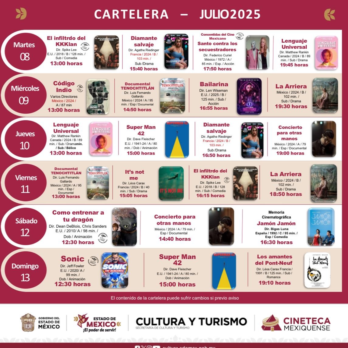 Cartelera semanal de la Cineteca Mexiquense: del 8 al 13 de julio de 2025