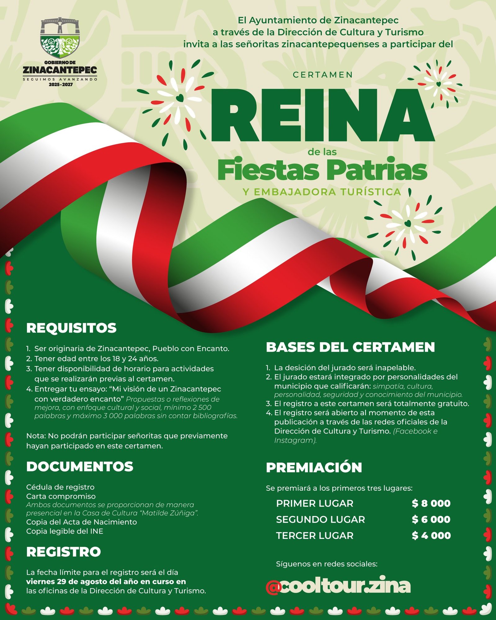 Con $18 mil en premios, el certamen Reina de las Fiestas Patrias y Embajadora Turística 2025 en Zinacantepec