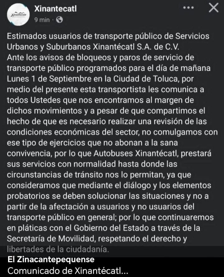 OJO: Autobuses Xinántecatl y Flecha Blanca sí darán servicio este lunes 1 de septiembre