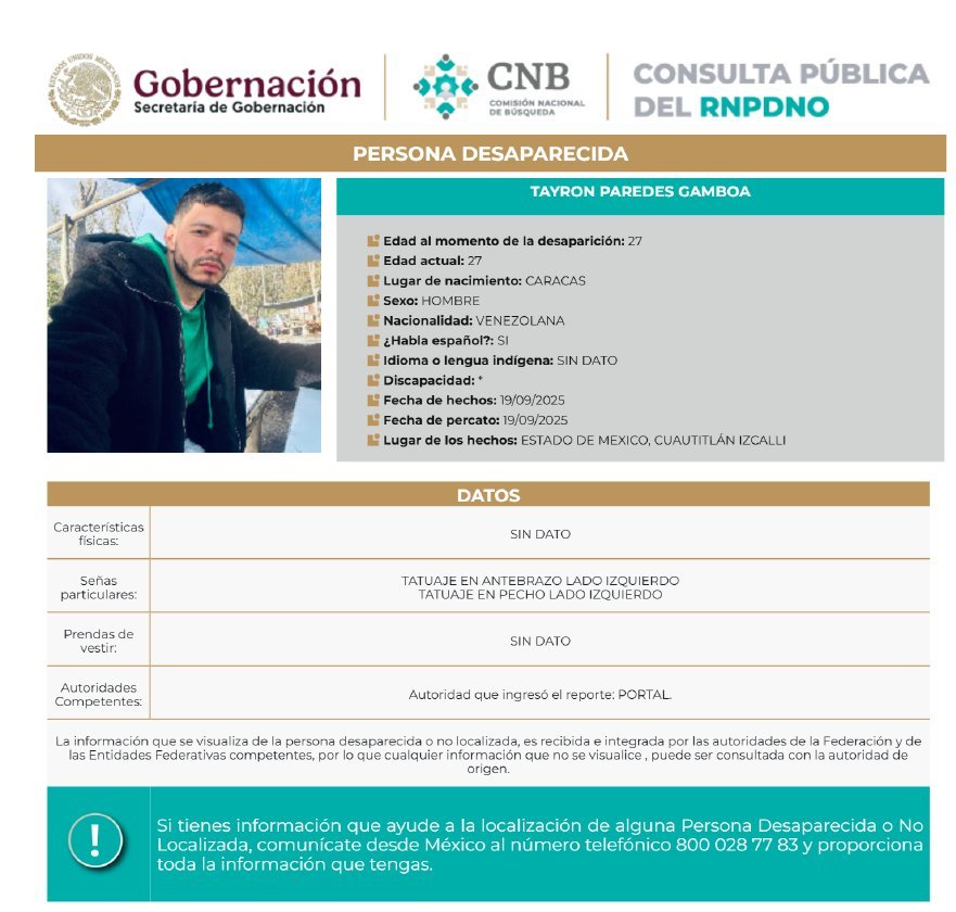 Reportan desaparición de Tayron Paredes, DJ venezolano, en Cuautitlán Izcalli