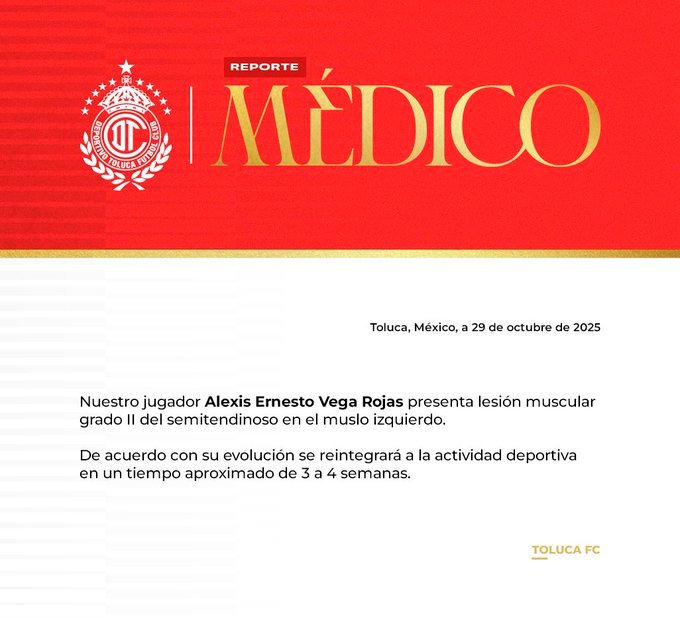 Toluca FC aclara el estado físico de Alexis Vega y desmiente rumores sobre una lesión grave
