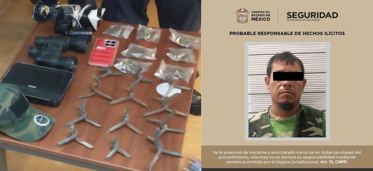 Detienen a presunto «halcón» de grupo criminal en Villa Guerrero; aseguran binoculares, cámaras y artefactos poncha llantas