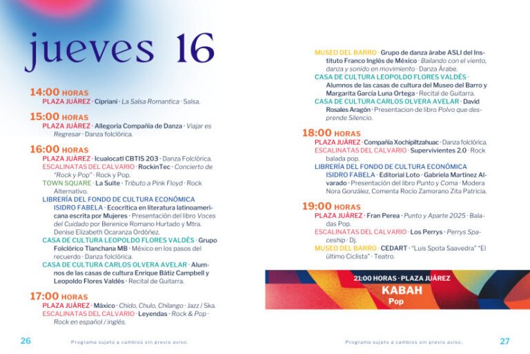 Programa del Festival Metepec Quimera 2025 para el jueves 16 de octubre