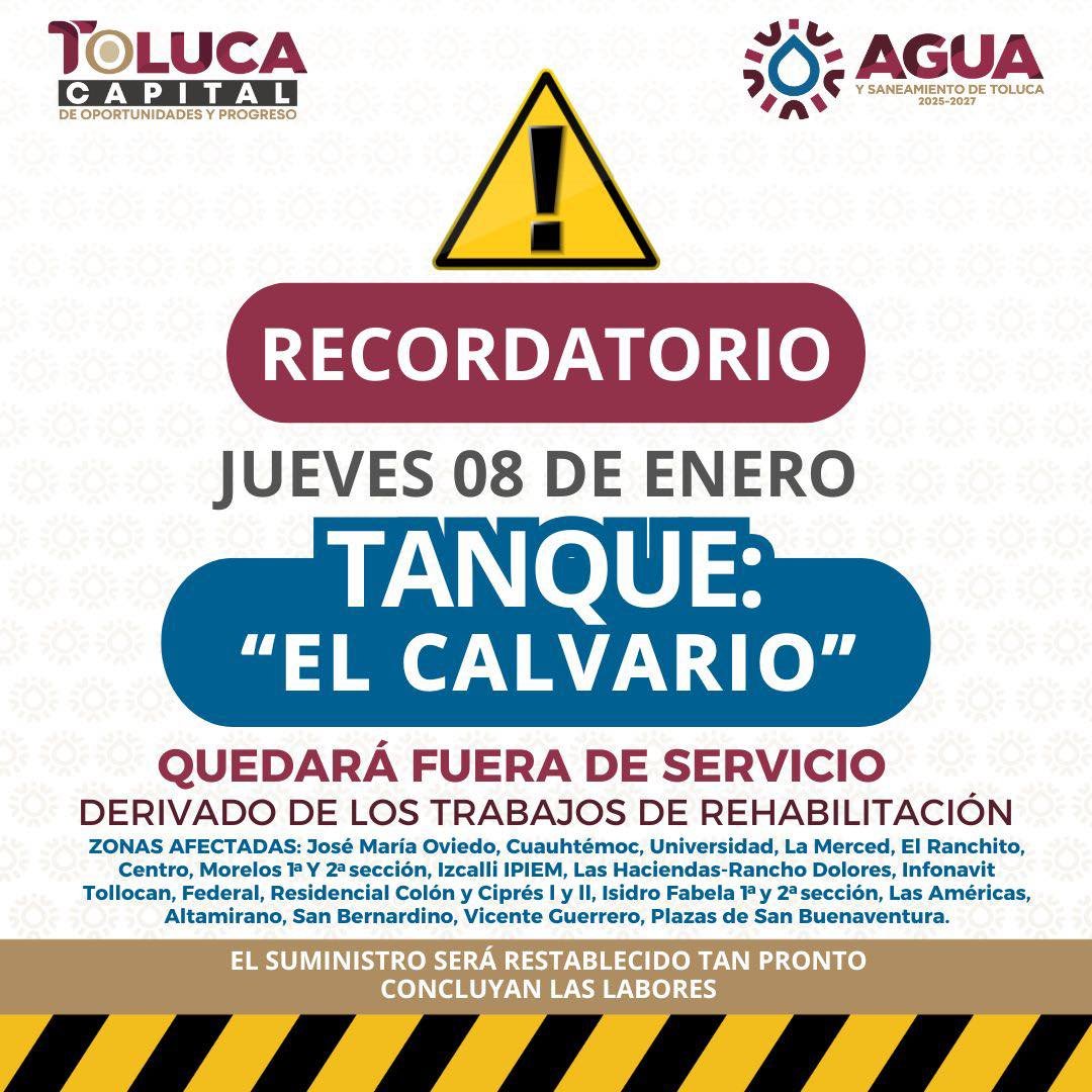 OJO: Estas 20 colonias de Toluca verán interrumpido su servicio de agua por mantenimiento