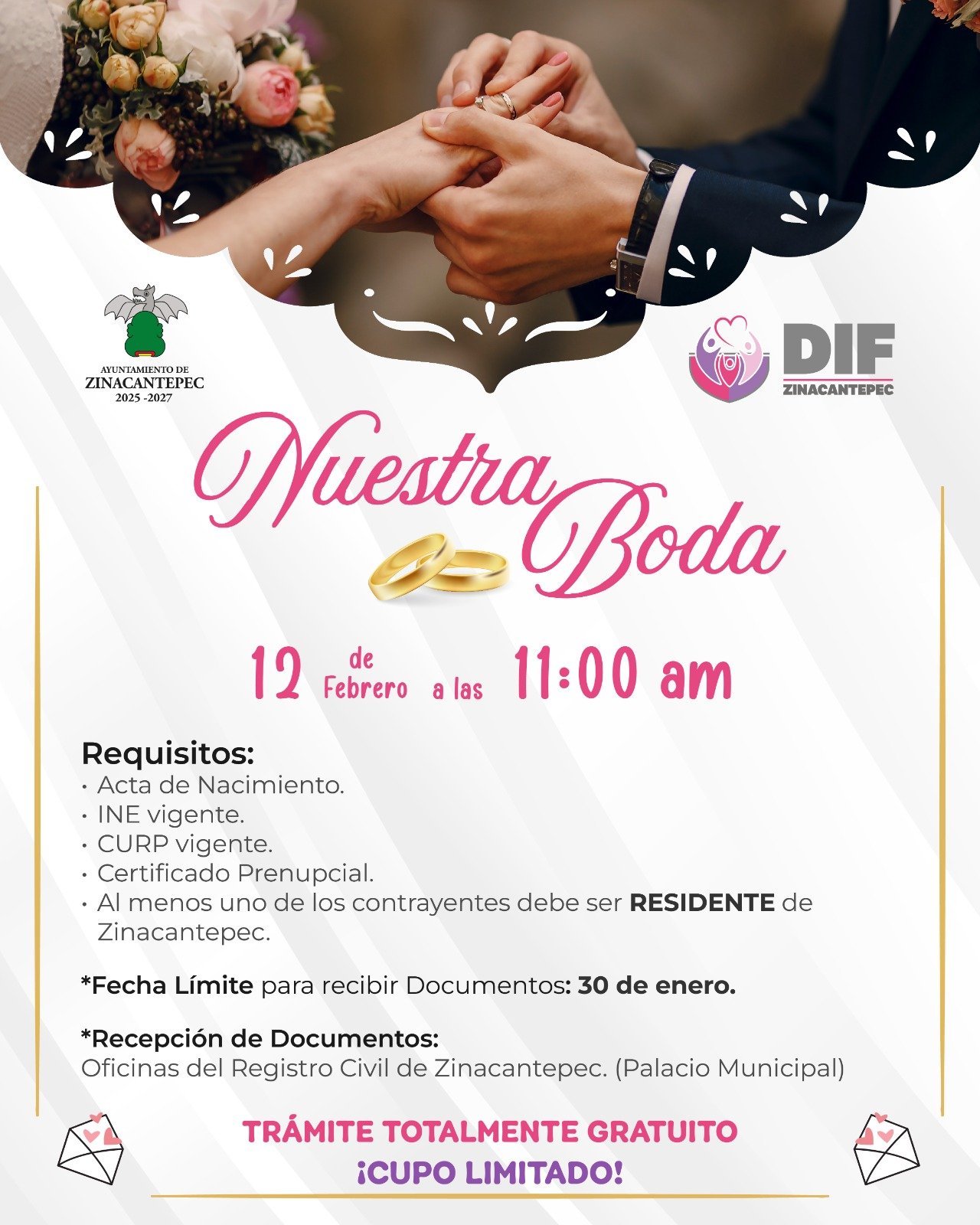 Ayuntamiento de Zinacantepec convoca a Bodas Comunitarias con trámite gratuito