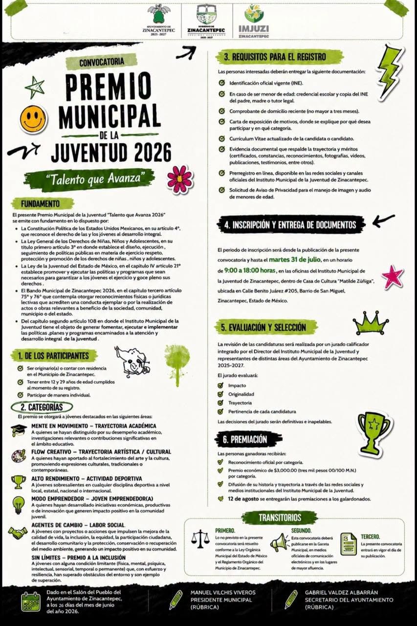 Zinacantepec abre convocatoria para el Premio Municipal de la Juventud 2026