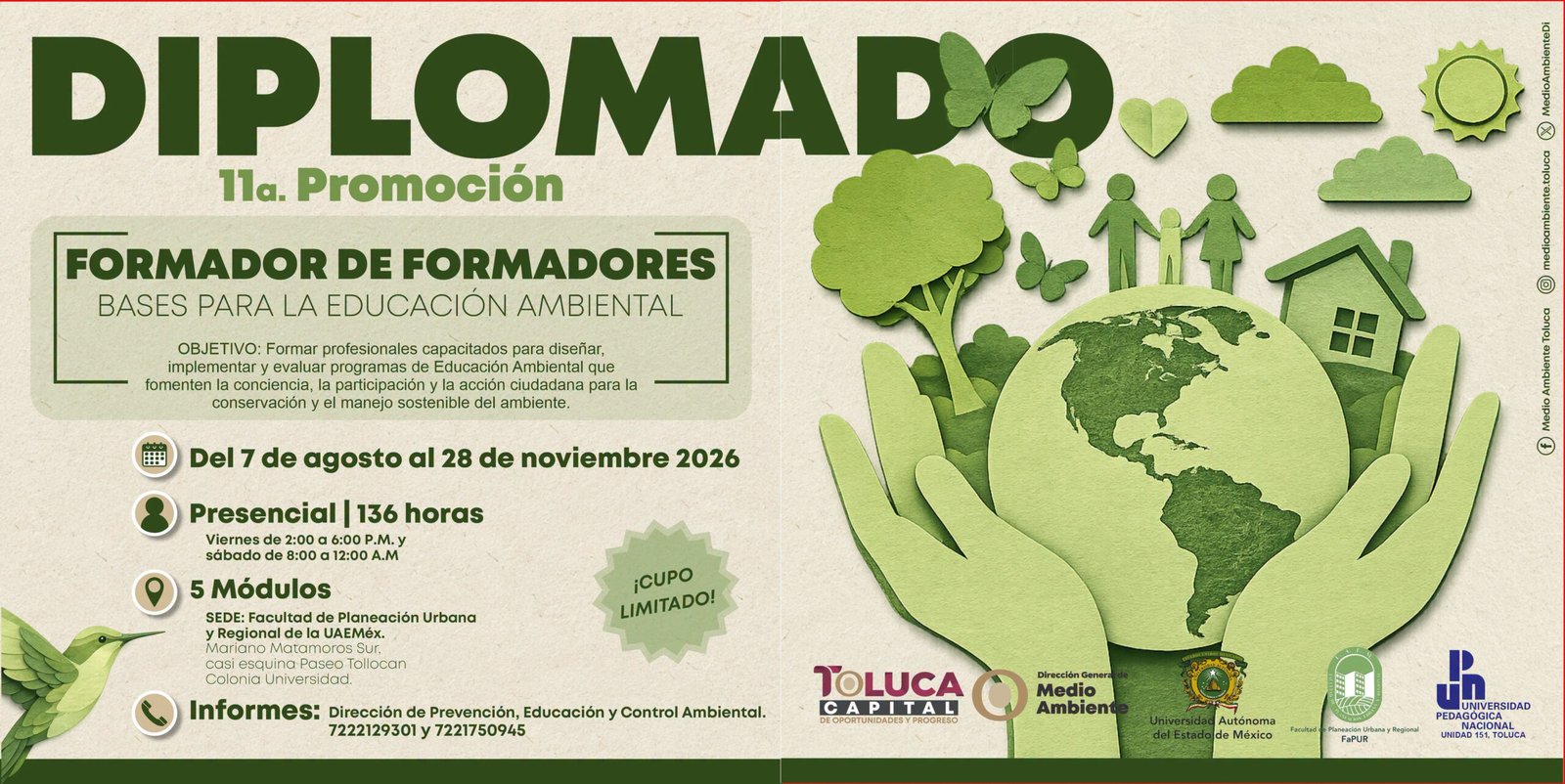 Toluca abre inscripciones para la 11.ª edición del Diplomado en Educación Ambiental