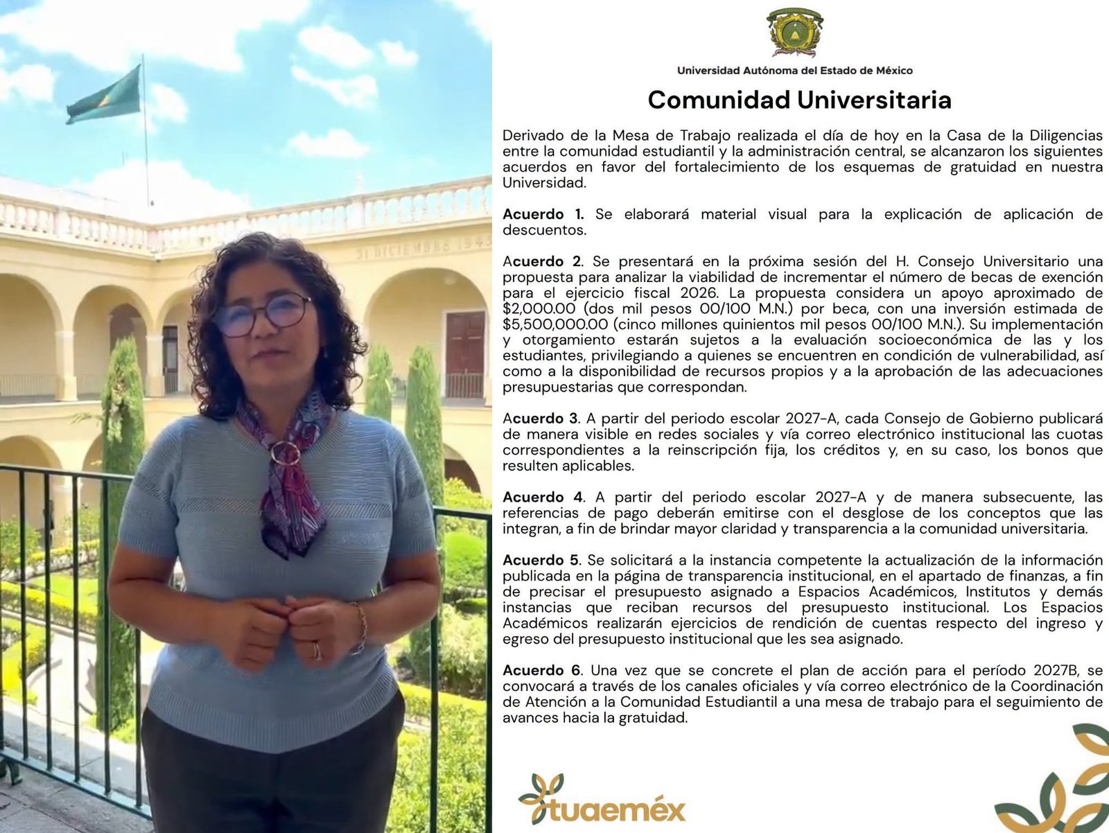 Tras tensiones en rectoría de la UAEMéx, rectora se pronuncia y se emiten acuerdos con mesa de diálogo