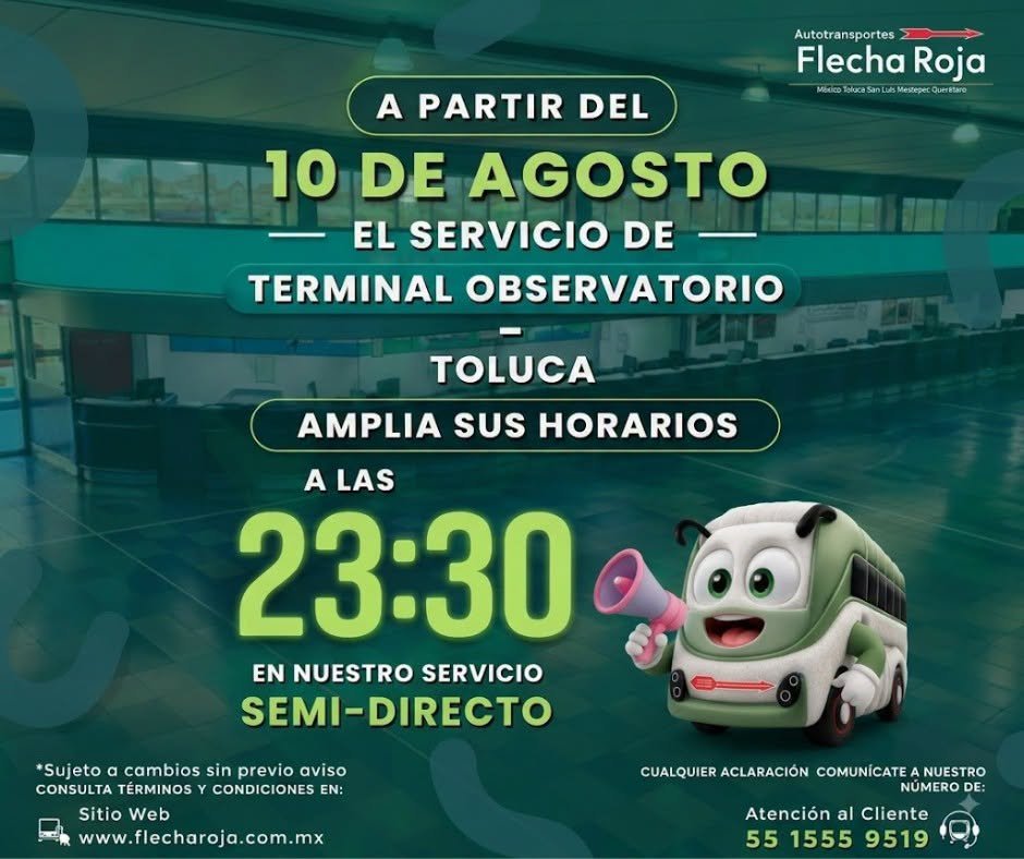 Flecha Roja amplía horario de servicio entre Observatorio y Toluca