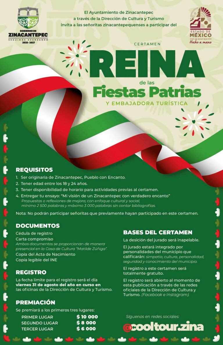 Zinacantepec convoca a jóvenes a participar en el certamen Reina de las Fiestas Patrias