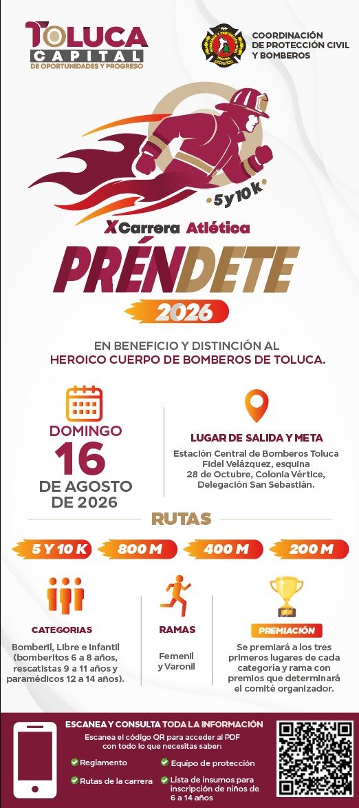 Bomberos de Toluca participarán en la décima Carrera Atlética “Préndete 2026”