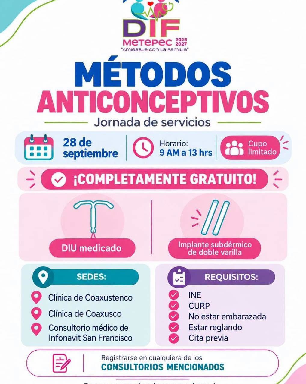 DIF Metepec realizará jornada gratuita de métodos anticonceptivos