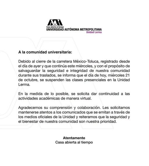 UAM Lerma suspende clases presenciales por bloqueos en la México-Toluca