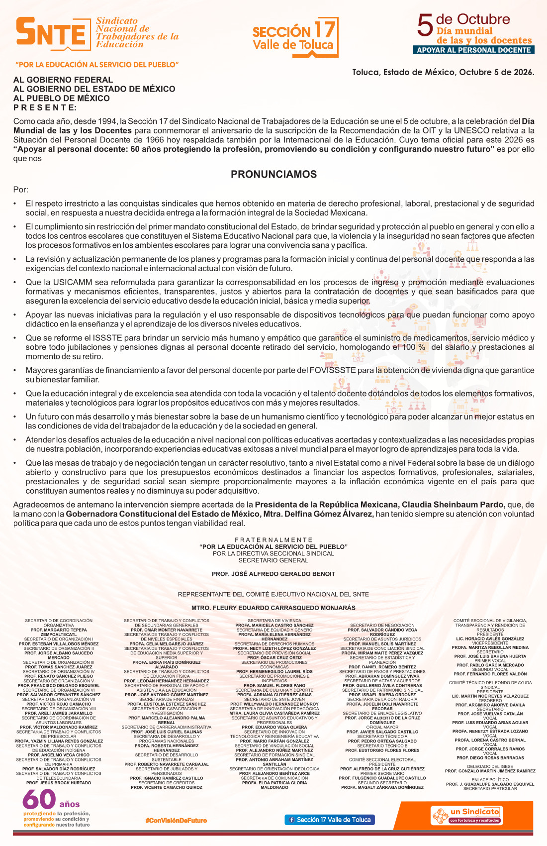 Pronunciamiento Sección 17 del SNTE. 5 de octubre 2026.
